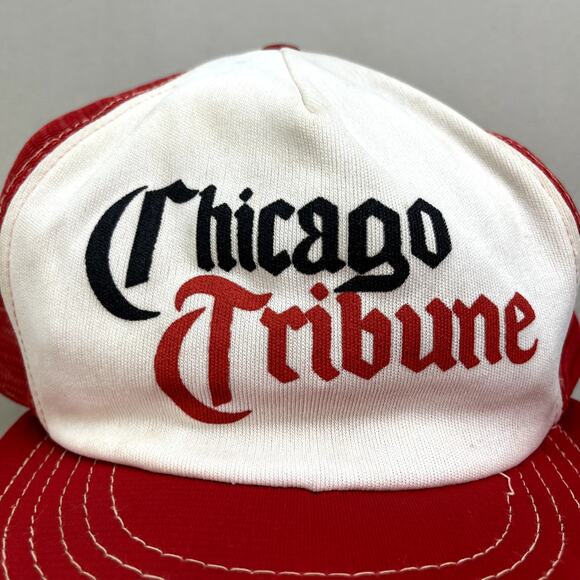 Vintage Chicago Tribune Hat Cap Snapback Trucker Red Newspaper Media USA 80s - Picture 3 of 6